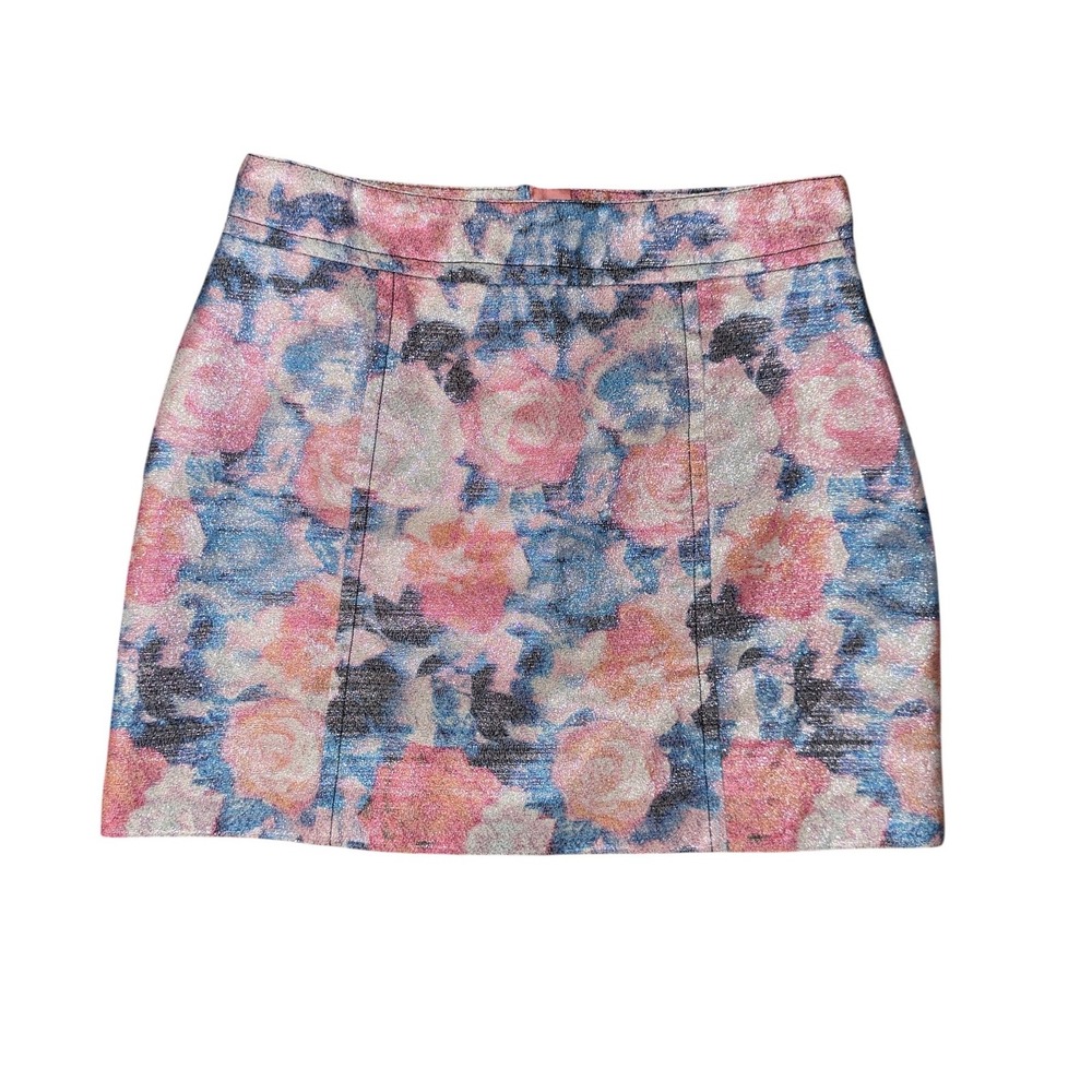Nasty Gal Mini Skirt Women Size‎ M Pink Blue  Metallic Floral Jacquard Zip